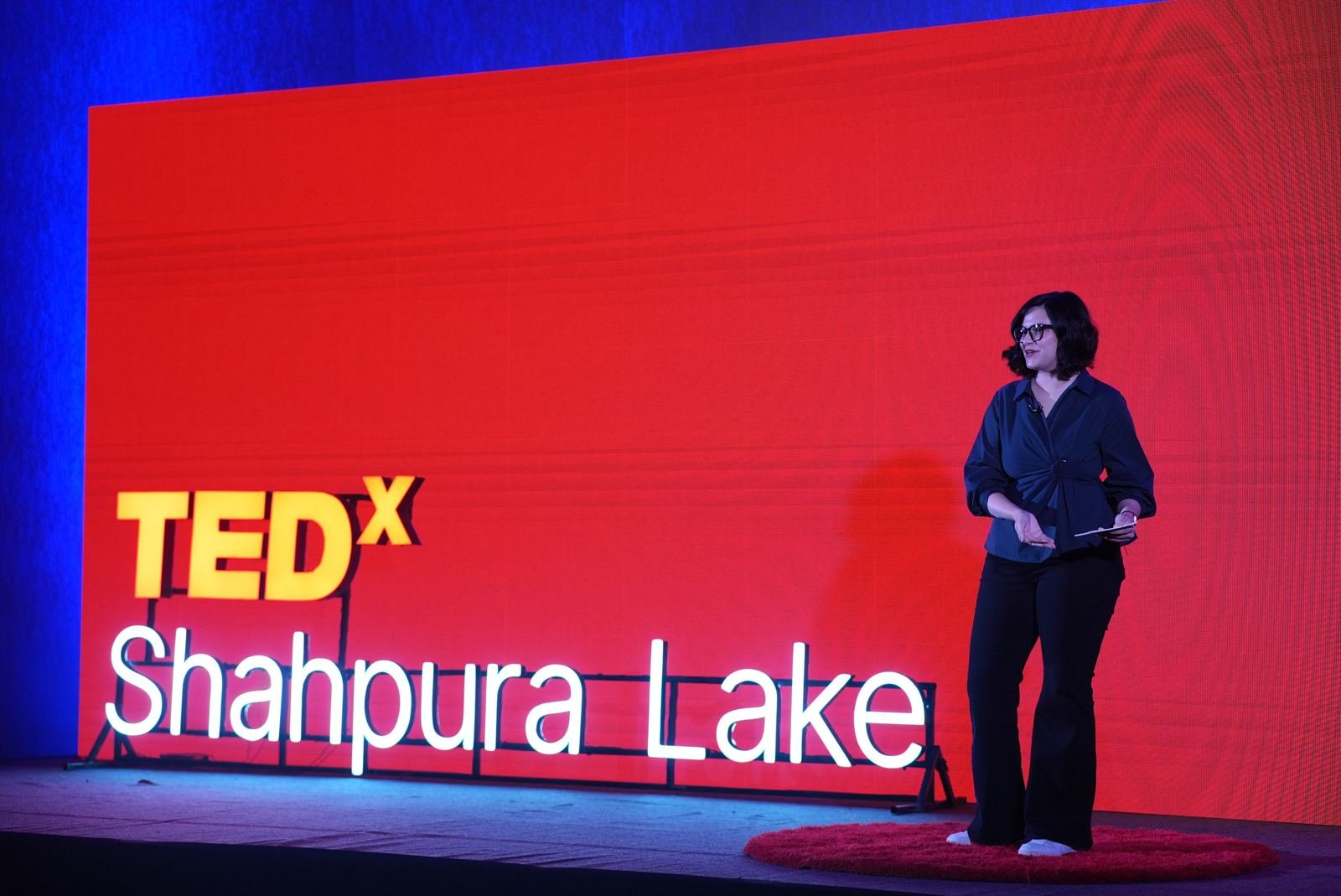 Speaker on the red TEDxShahpura Lake stage